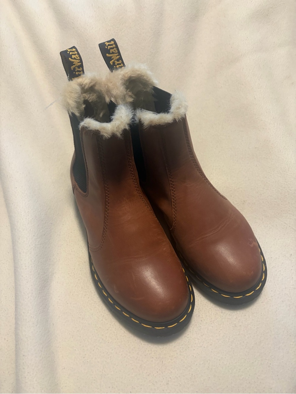 Dr. Martens Brown Leather Chelsea Boots with Fur Trim